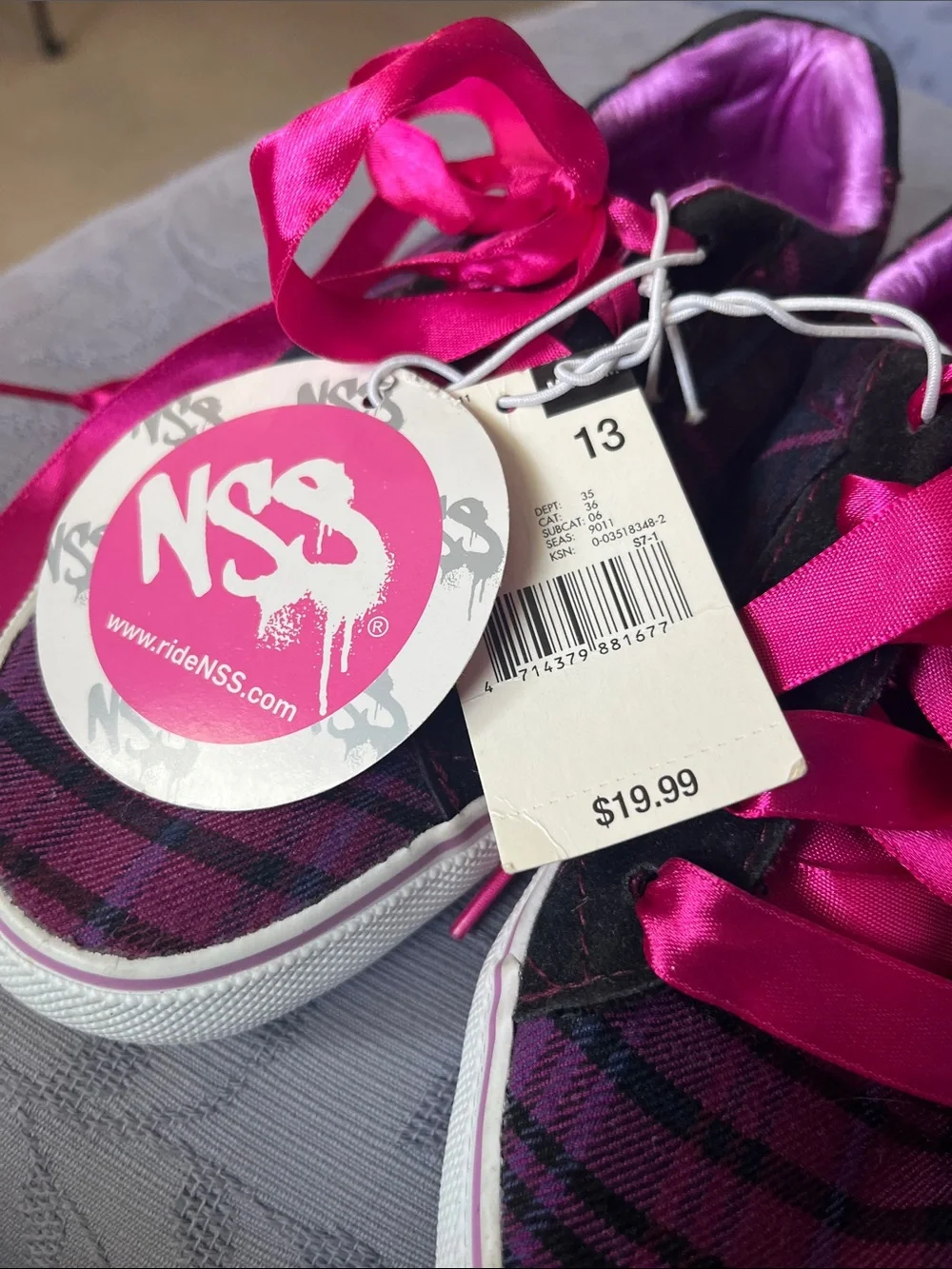 NSS Girls ribbon tie, plaid tennis shoes, NWT size 13, black purple pink vintage